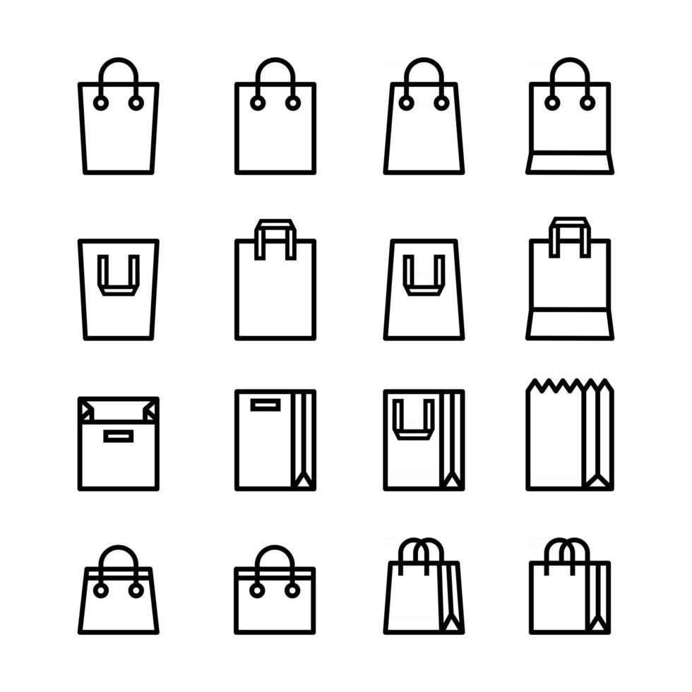 uppsättning minimal shopping väska linje ikoner svart färg och platt stil isolerad på vit bakgrund. vektor