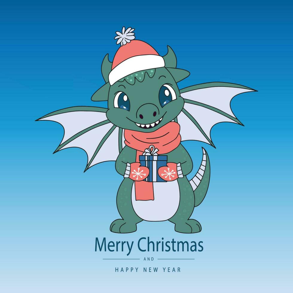 jul kort med söt grön drake. rolig grön drake innehav en gåva. glad jul och Lycklig ny år hälsning kort. vektor