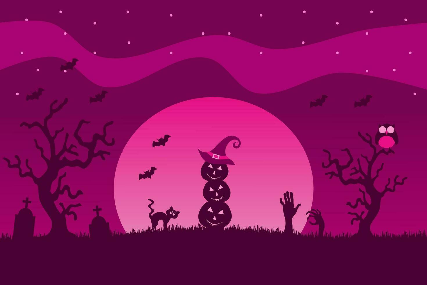 Halloween voll Mond Nacht Hintergrund mit das Vogelscheuche Kürbis, Grabstein, Katze, Eule, und Fledermäuse. Vektor Illustration.