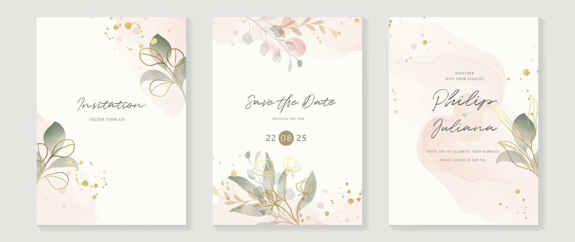 abstrakte Kunst Hintergrundvektor. Luxuseinladungskartenhintergrund mit goldener Linie Kunstblume und botanischen Blättern, organischen Formen, Aquarell. Vektor laden Design für Hochzeit und VIP-Cover-Vorlage ein.