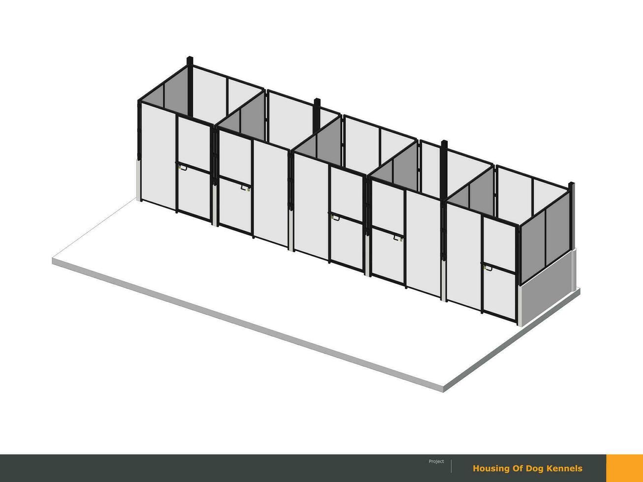 ein Zeichnung von Stahl Struktur Hund Haus Käfig, Gehäuse von Zwinger, 4 Einheit vektor