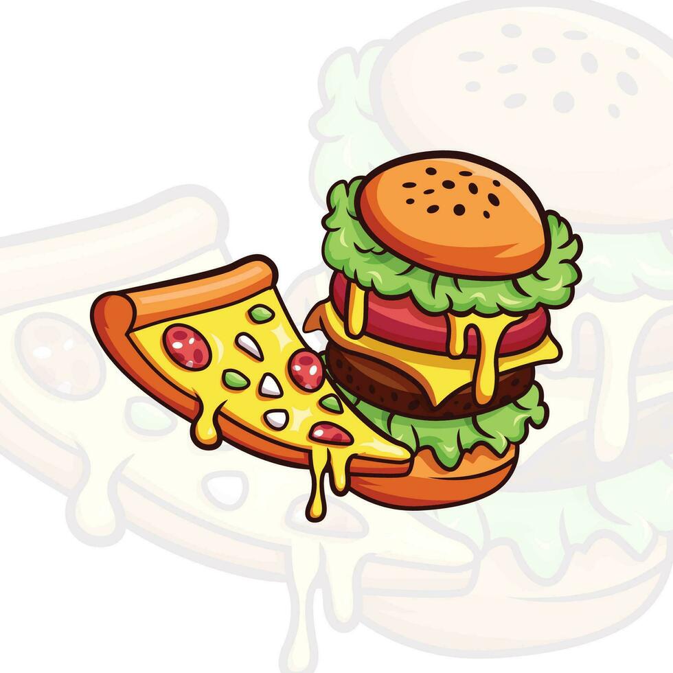 snabb mat tecknad serie ikon uppsättning. hamburgare, varm hund, shawarma, wok spaghetti, pizza och andra för hämtmat Kafé design. vektor illustration av gata mat platt stil.