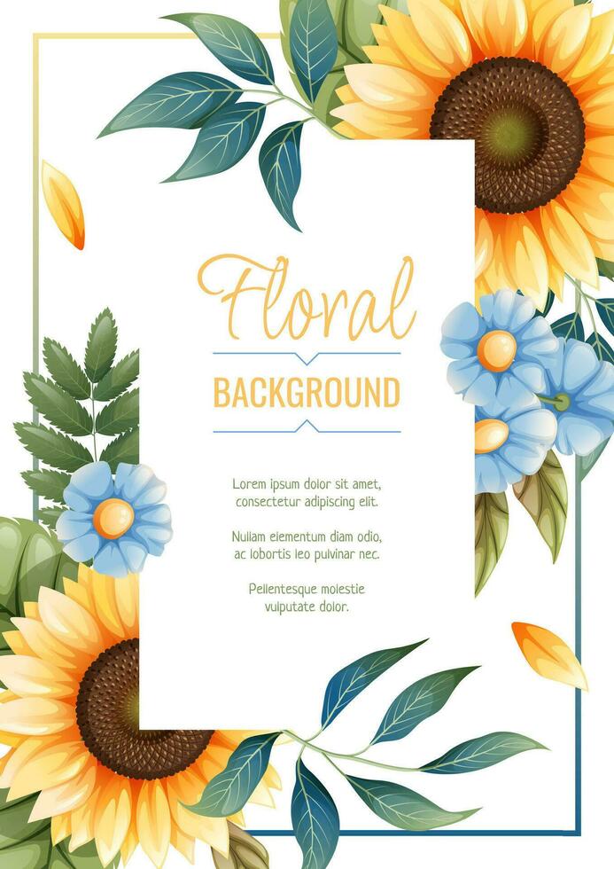 hälsning kort mall med solrosor, blå prästkragar. flygblad, baner med höst vilda blommor. design för bröllop inbjudan och fest. vektor