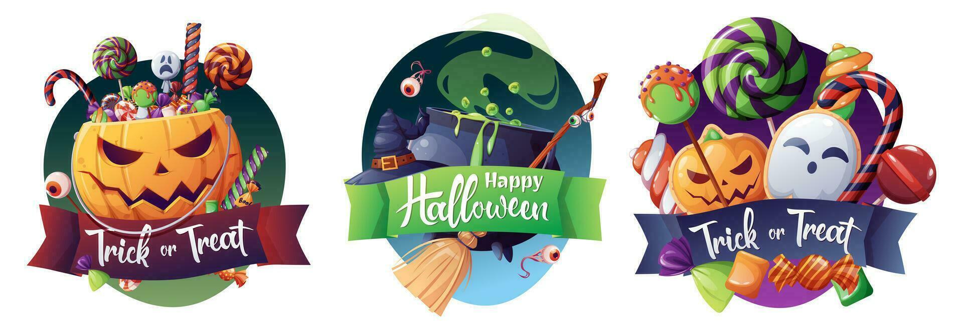 halloween illustrationer med pumpa, häxa s kittel och sötsaker. lura eller behandla. flygblad, baner, klistermärke för Allt helgon dag med de inskrift. vektor