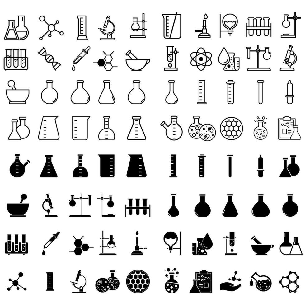 kemisk labb vektor ikon uppsättning. forskning illustration tecken samling. kemi och bioteknik symbol.