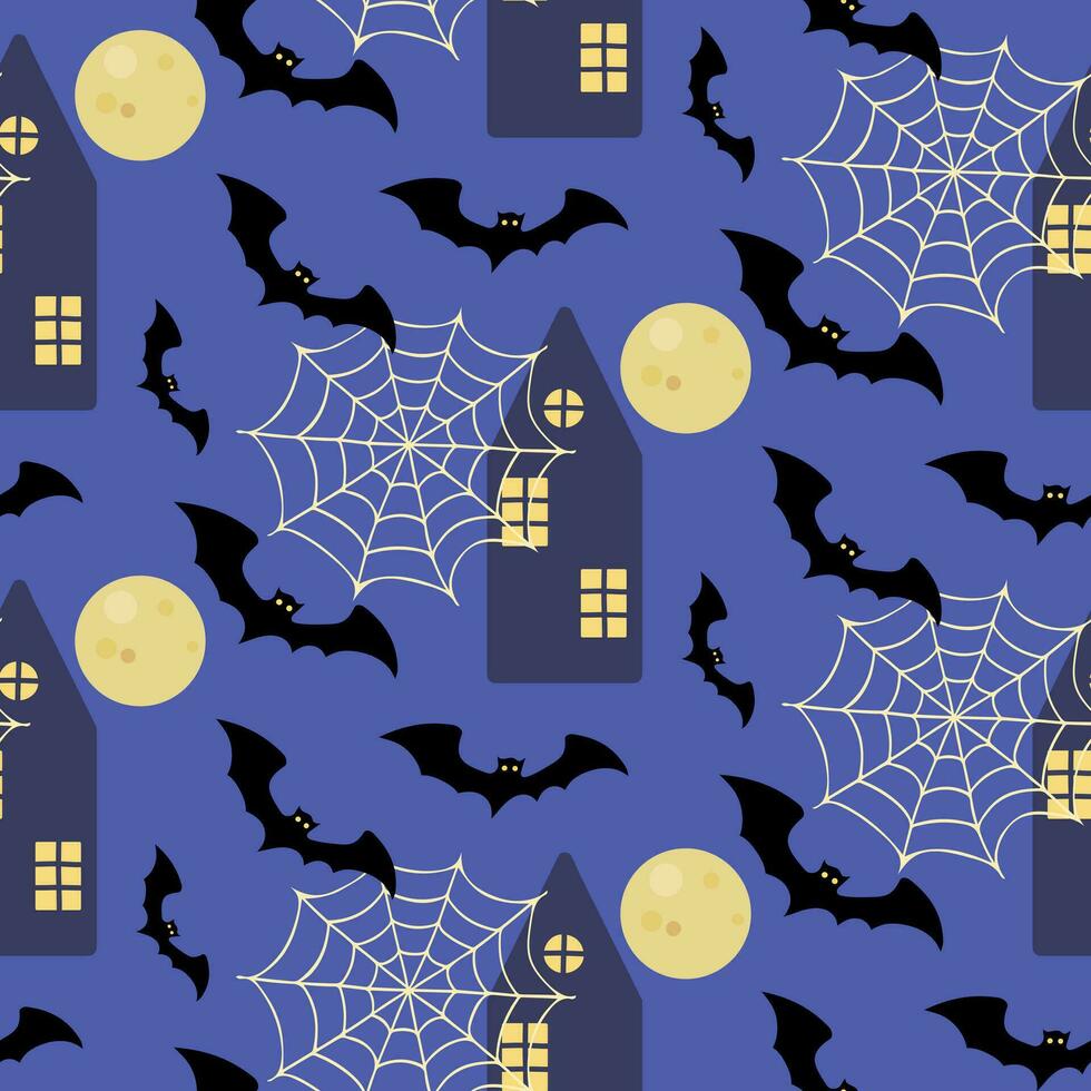 nahtlos Halloween mit Spinnweben, Fledermäuse Mond und gespenstisch Haus auf isoliert dunkel Blau Hintergrund. Hand Hintergrund zum Halloween Party Dekoration, Scrapbooking, Textil, Gruß Karten Design, Mauer Papier. vektor