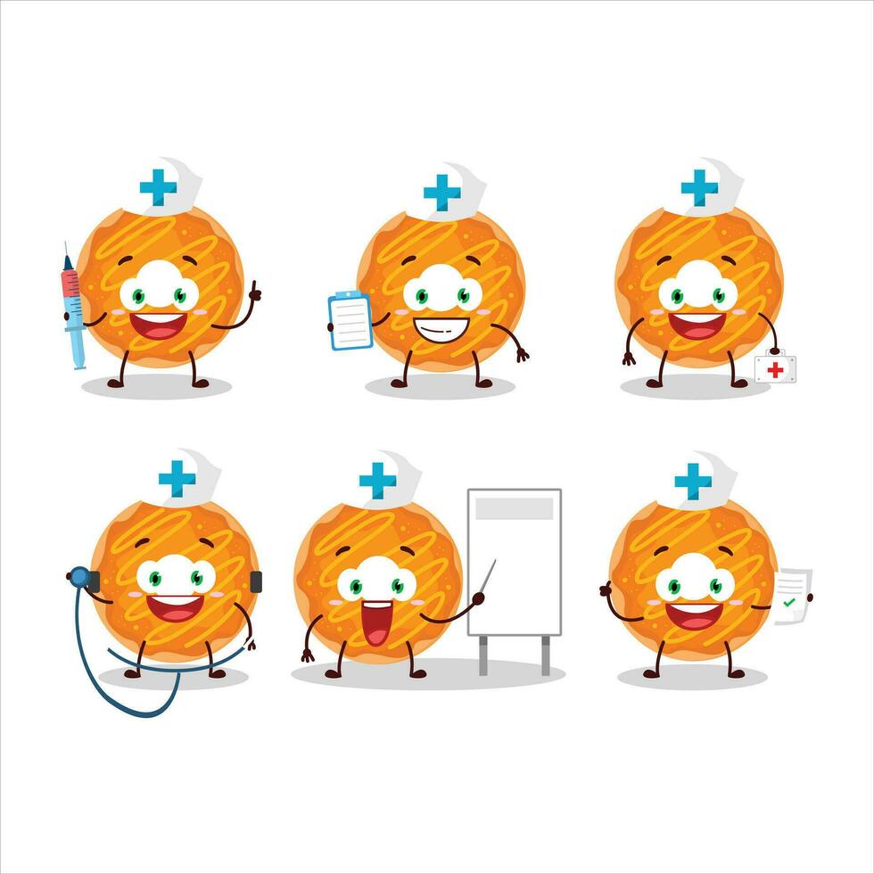 läkare yrke uttryckssymbol med orange grädde munk tecknad serie karaktär vektor