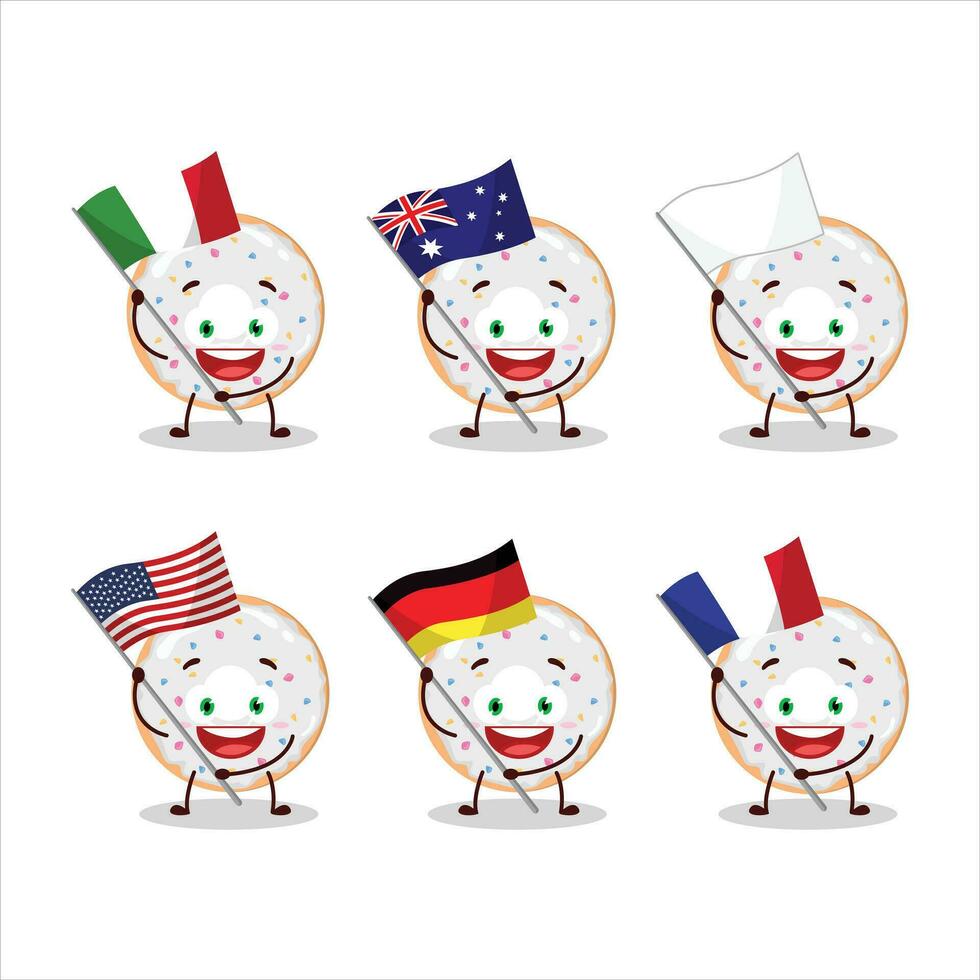 vanilj munk tecknad serie karaktär föra de flaggor av olika länder vektor