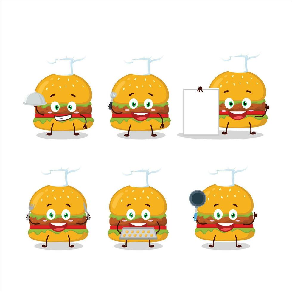 Karikatur Charakter von Hamburger mit verschiedene Koch Emoticons vektor