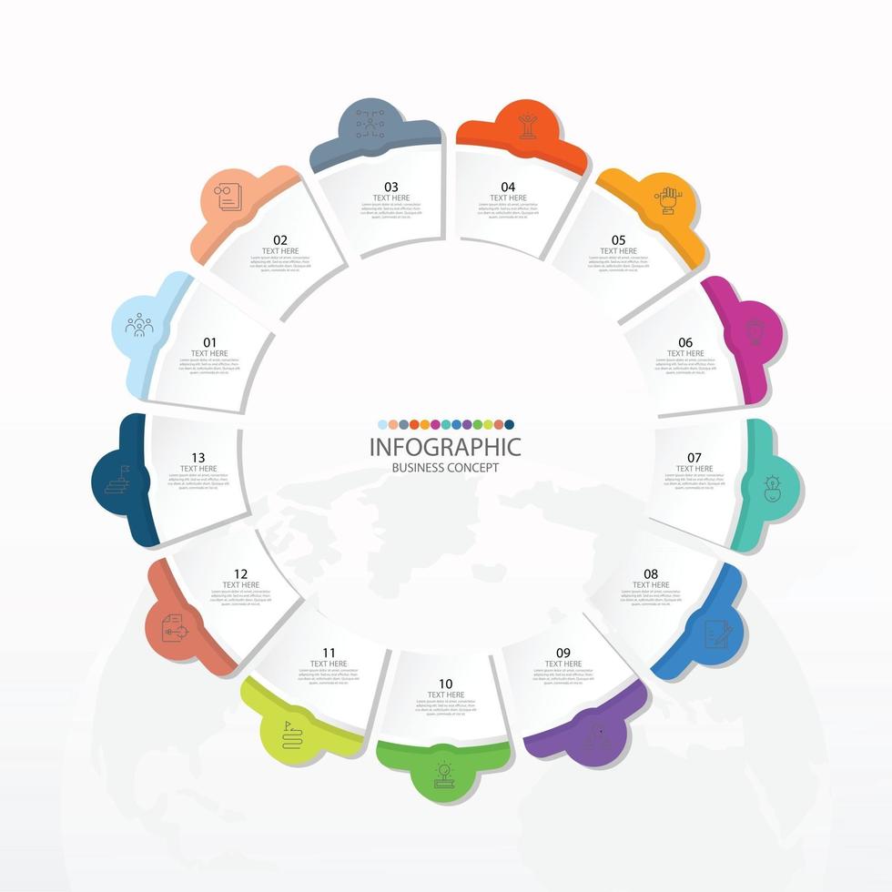 Grundlegende Kreis-Infografik-Vorlage mit 13 Schritten, Prozess oder Optionen, Prozessdiagramm, verwendet für Prozessdiagramm, Präsentationen, Workflow-Layout, Flussdiagramm, Infograph. eps10-Vektorillustration. vektor