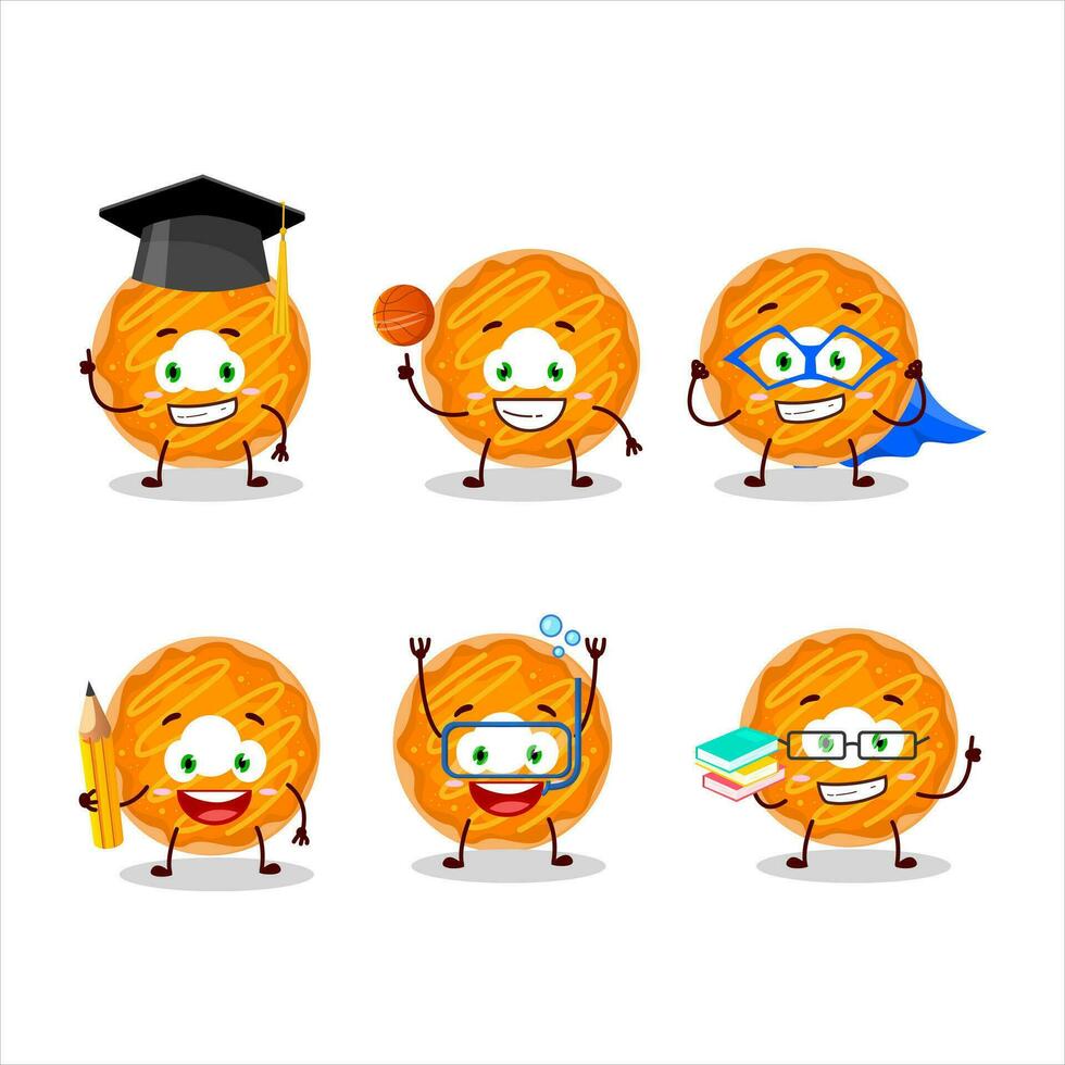 Schule Schüler von Orange Sahne Krapfen Karikatur Charakter mit verschiedene Ausdrücke vektor