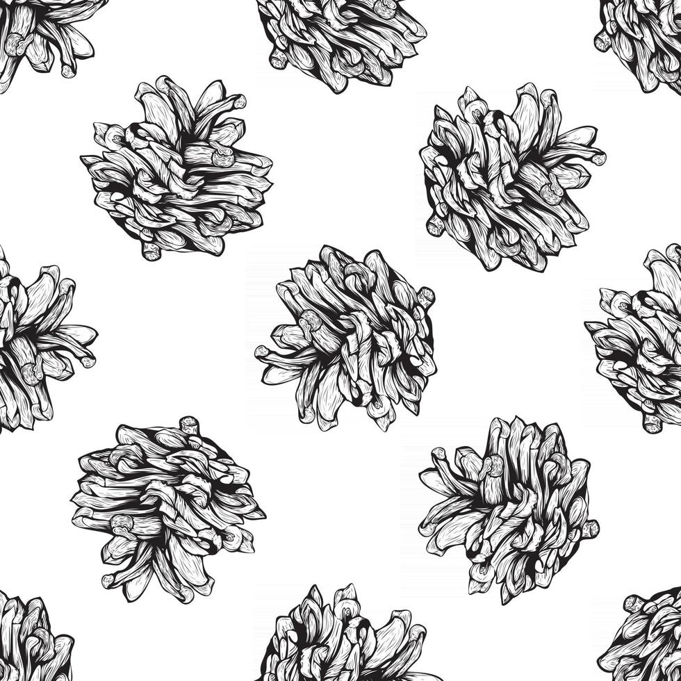 Schwarzweiss-nahtloses natürliches Musterhintergrunddesign mit Tannenzapfen-Vektorillustration vektor