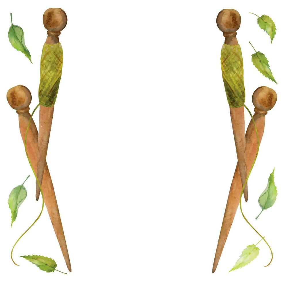 hand dragen vattenfärg trä- slända med tråd och nässla grön löv för hobby, hantverk. illustration isolerat objekt fyrkant ram på vit bakgrund. affär logotyp skriva ut, hemsida, kort, häfte. vektor