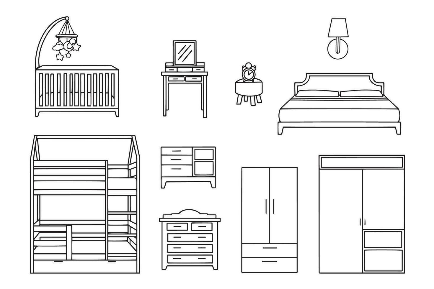 vektor uppsättning av hand dragen och isolerat klotter av möbel och dekorativ element. skisser för använda sig av i design. vektor illustration