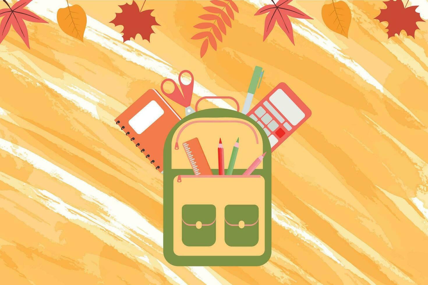 Hintergrund von hell Herbst Blätter, Schule Bücher und zurück zu Schule Beschriftung. Vektor Illustration von Herbst Hintergrund