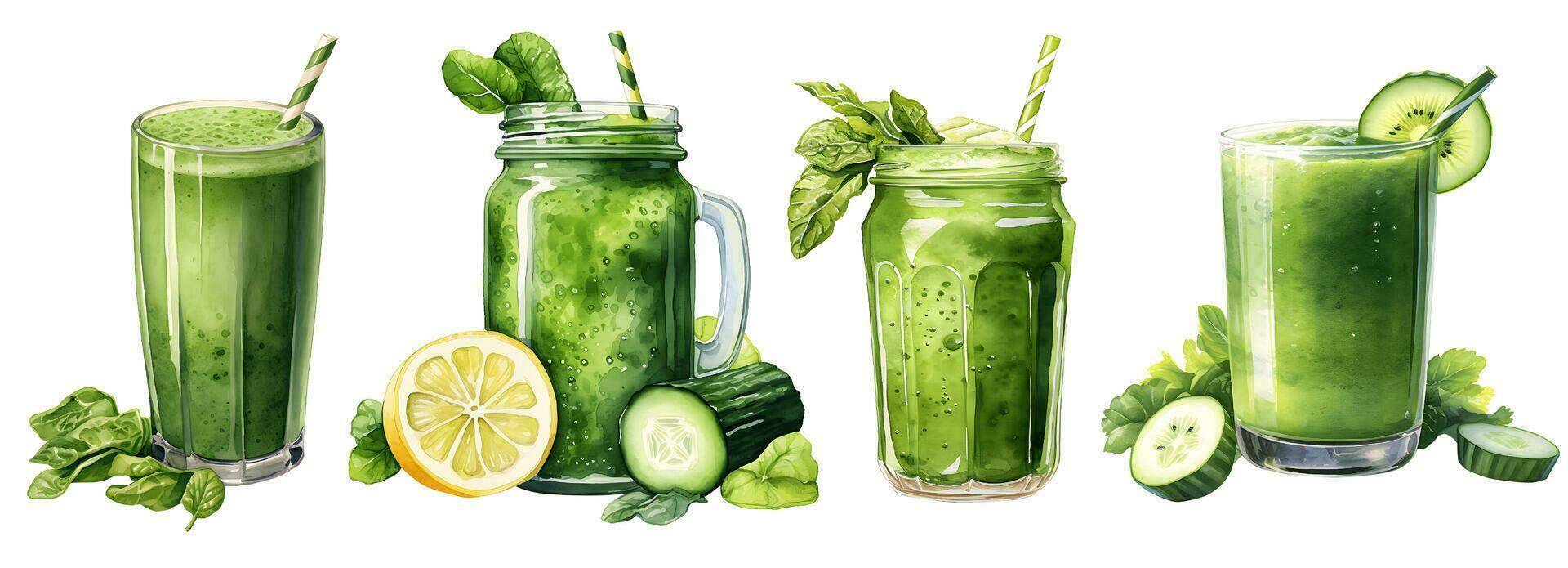 detox grön smoothie uppsättning. friska grön juicer. vattenfärg illustration vektor