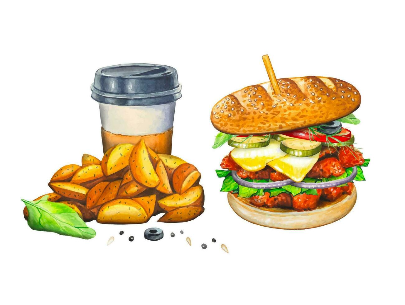 hand dragen hamburgare, kaffe ,rustik potatisar. vattenfärg snabbmat illustration. vektor