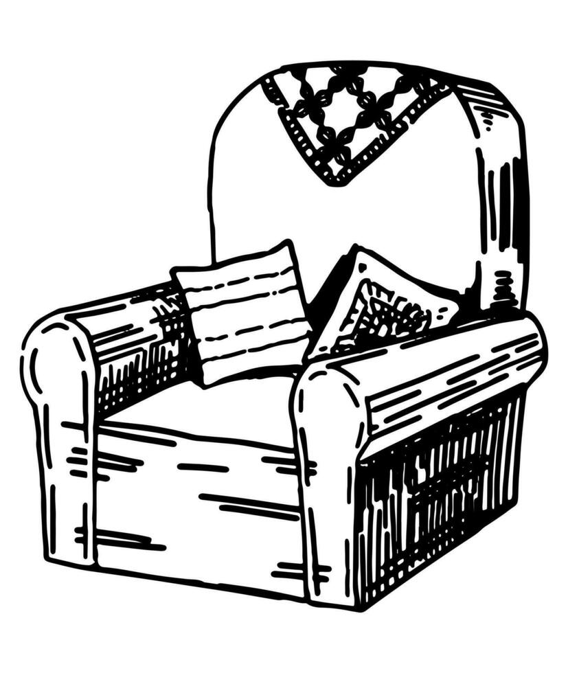 Gekritzel von gemütlich Sessel und Kissen. komfortabel Sanft Stuhl Möbel. Hand gezeichnet Vektor Illustration. Single Gliederung Clip Kunst isoliert auf Weiß.