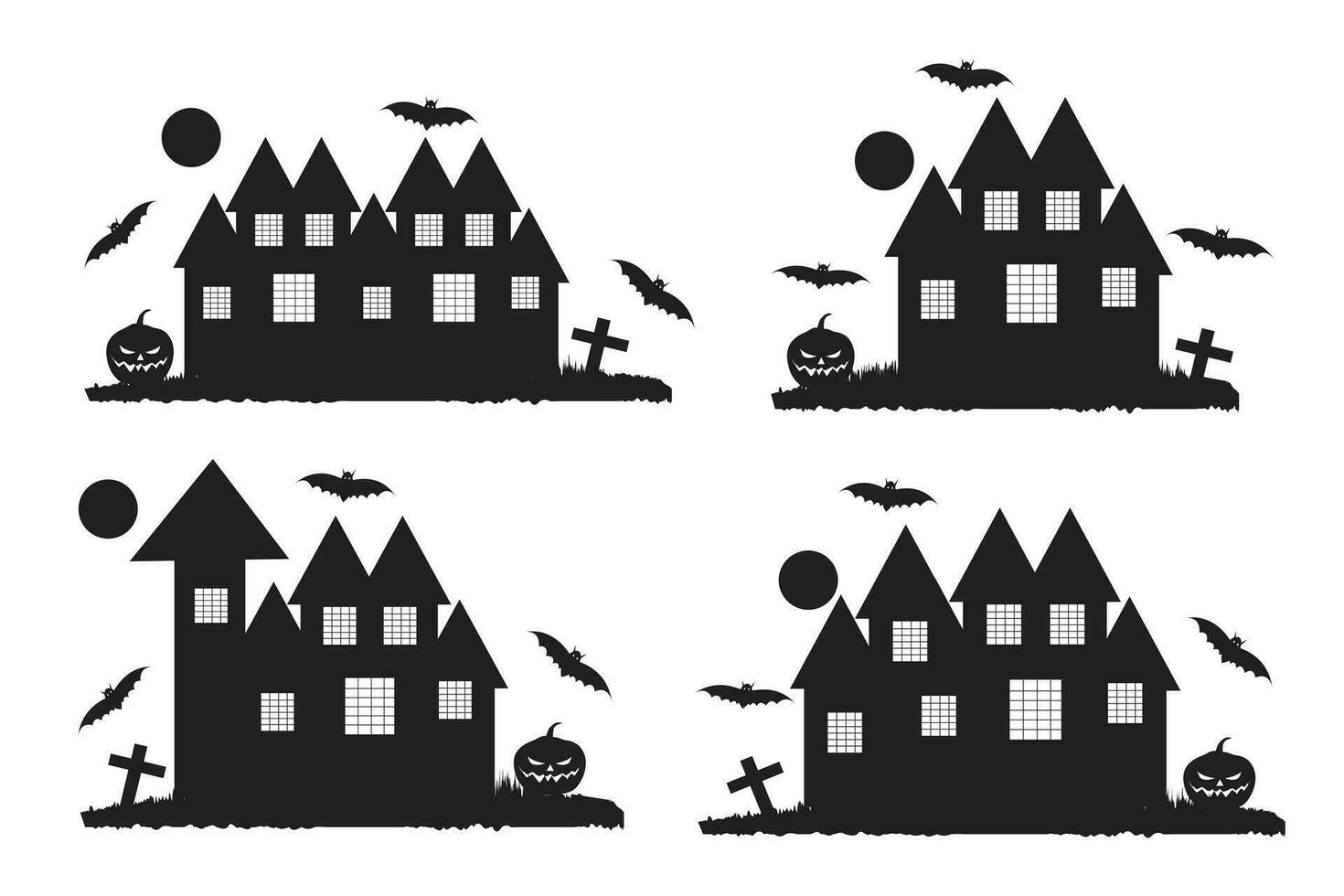 einstellen von Halloween mystisch gespenstisch unheimlich Haus Vektor Silhouette, Halloween verfolgt Villa Haus Silhouette, Grusel Schloss verfolgt Gebäude Silhouette Vektor, Monster Häuser Karikatur Illustration