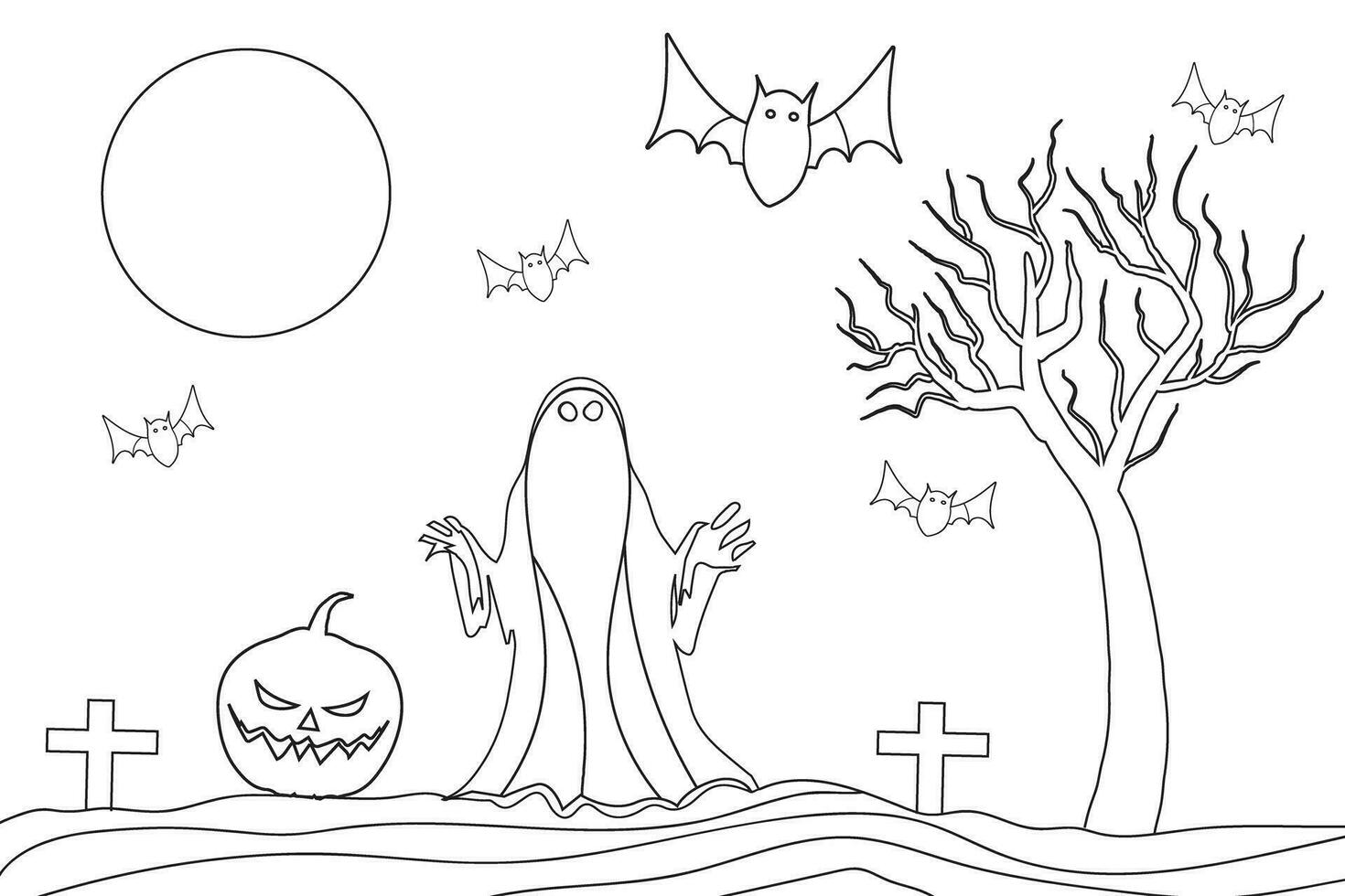 Hand gezeichnet Gliederung gejagt Baum Geist Kostüm komisch Kürbisse fliegen Schläger Halloween Thema Landschaft Färbung Buchseite, Kind Zeichnung zum Kindergarten komisch Halloween Färbung Blätter, isoliert Humor Hintergründe vektor