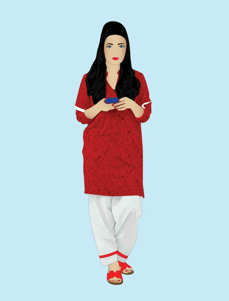 pakistansk kvinna i shalwar kameez innehav mobiltelefon vektor