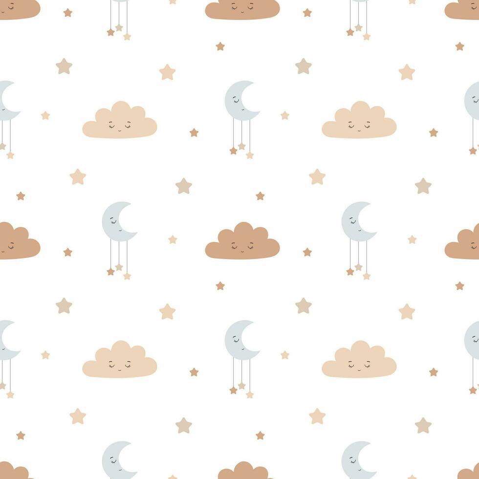 Vektor nahtlos Muster mit süß Mond, Sterne und Wolken. Design zum Kindergarten, Baby Kleidung.