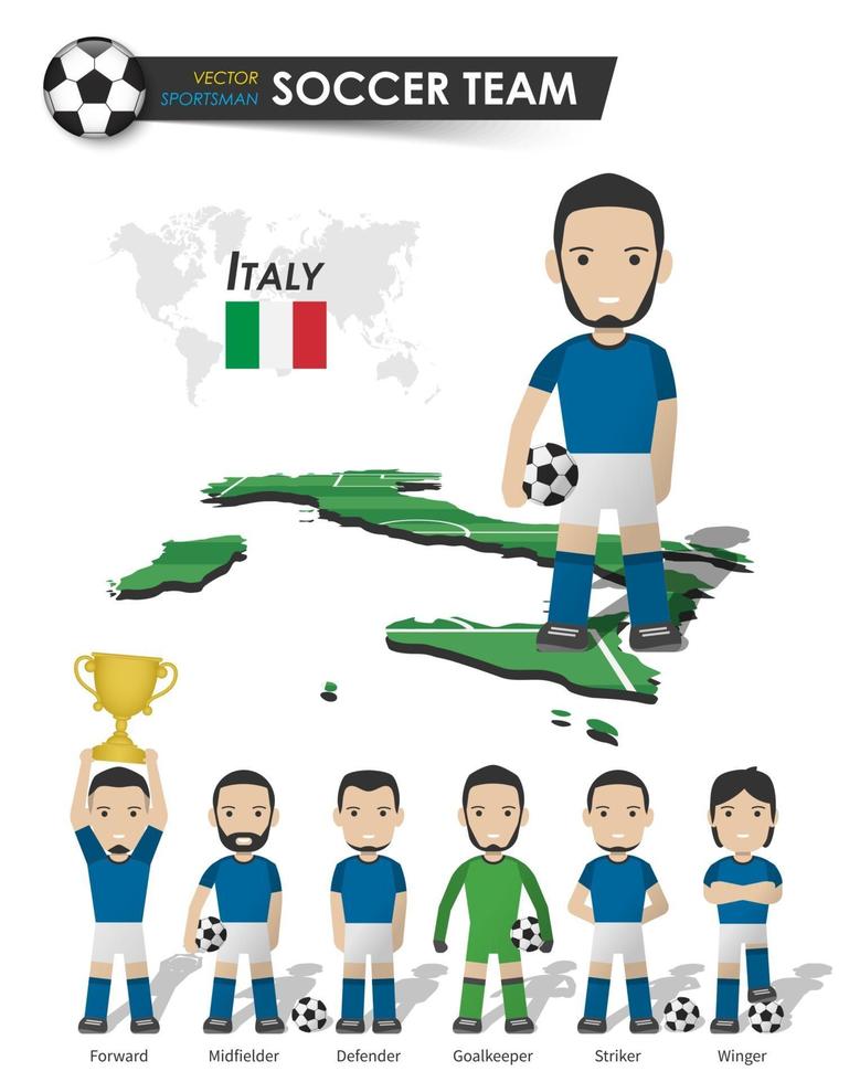 italienische Fußballnationalmannschaft. Fußballspieler mit Sporttrikot stehen auf der Landkarte des Perspektivfeldes und der Weltkarte. Reihe von Fußballspielerpositionen. Cartoon Charakter flaches Design vektor