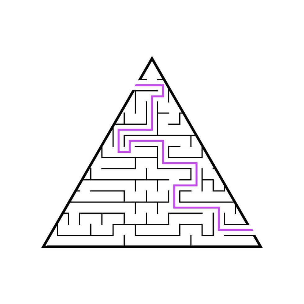 en triangulär labyrint, en pyramid med en svart streck. ett spel för barn. enkel platt vektorillustration isolerad på vit bakgrund. med svaret. vektor