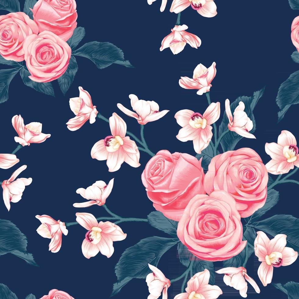 sömlösa mönster botaniska rosa ros och rosa orkidé blommor på abstrakt mörkblå bakgrund. vektor illustration ritning akvarell stil. för begagnad tapetdesign, textilmaterial eller omslagspapper.