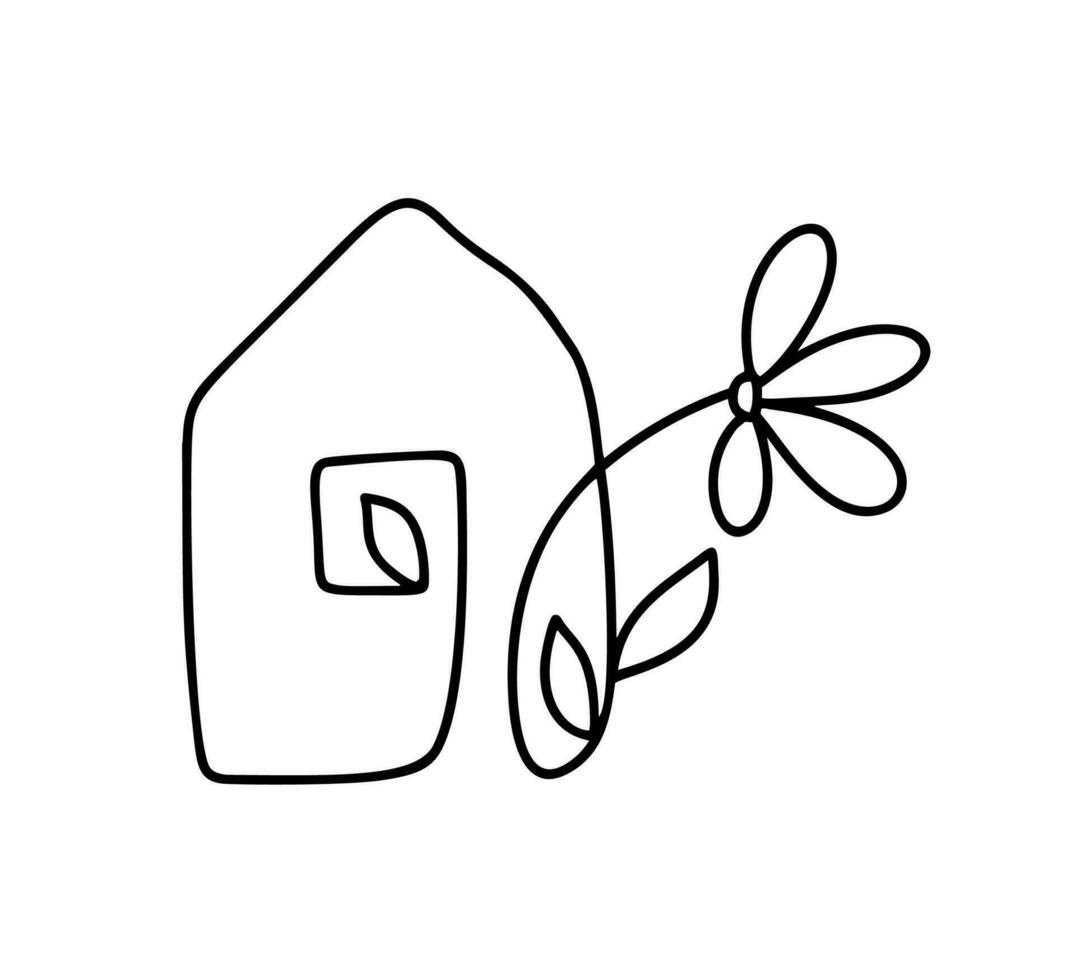eco hus med blommor logotyp. enkel kalligrafi natur vektor bio ikon. egendom arkitektur konstruktion för design. konst Hem årgång hand dragen grön trädgård element