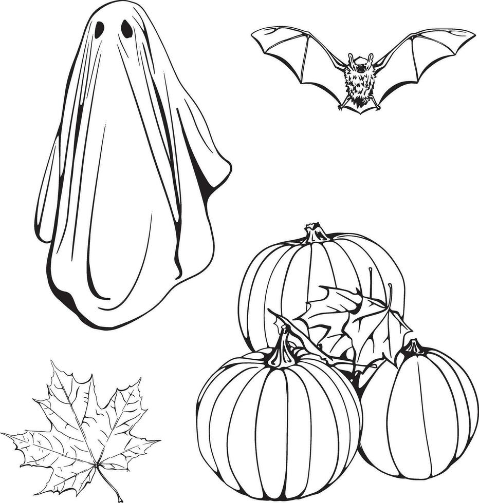 halloween uppsättning spöke fladdermus blad pumpa vektor