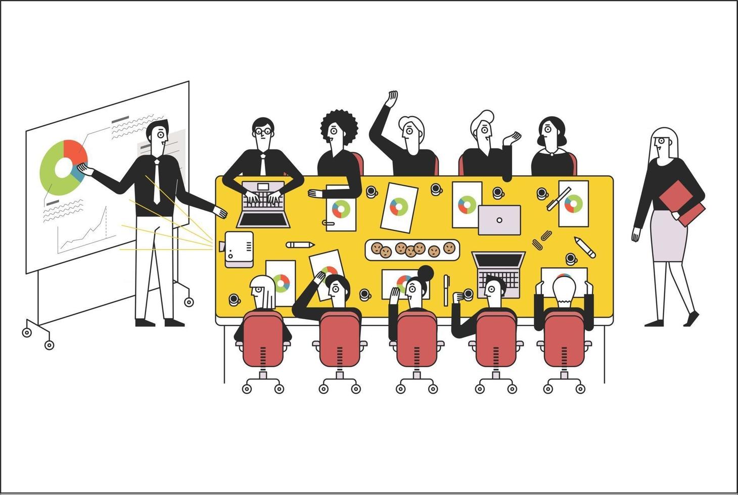 människor sitter vid ett stort bord i företaget och har ett möte och en person håller en presentation. vektor design illustrationer.