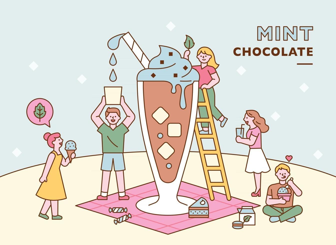 Leute machen zusammen ein riesiges Minz-Schokoladengetränk. minimale Vektorillustration des flachen Designstils. vektor