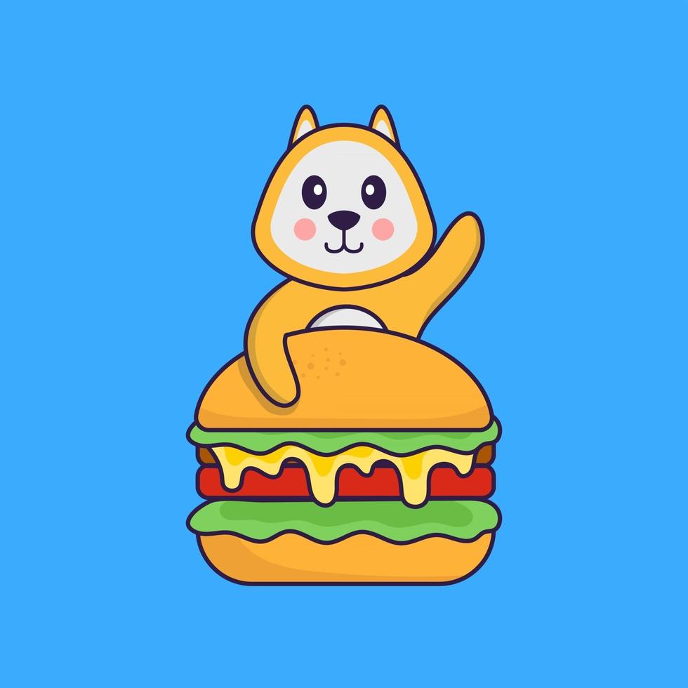 süßer Hund, der Burger isst. Tierkarikaturkonzept isoliert. kann für T-Shirt, Grußkarte, Einladungskarte oder Maskottchen verwendet werden. flacher Cartoon-Stil vektor