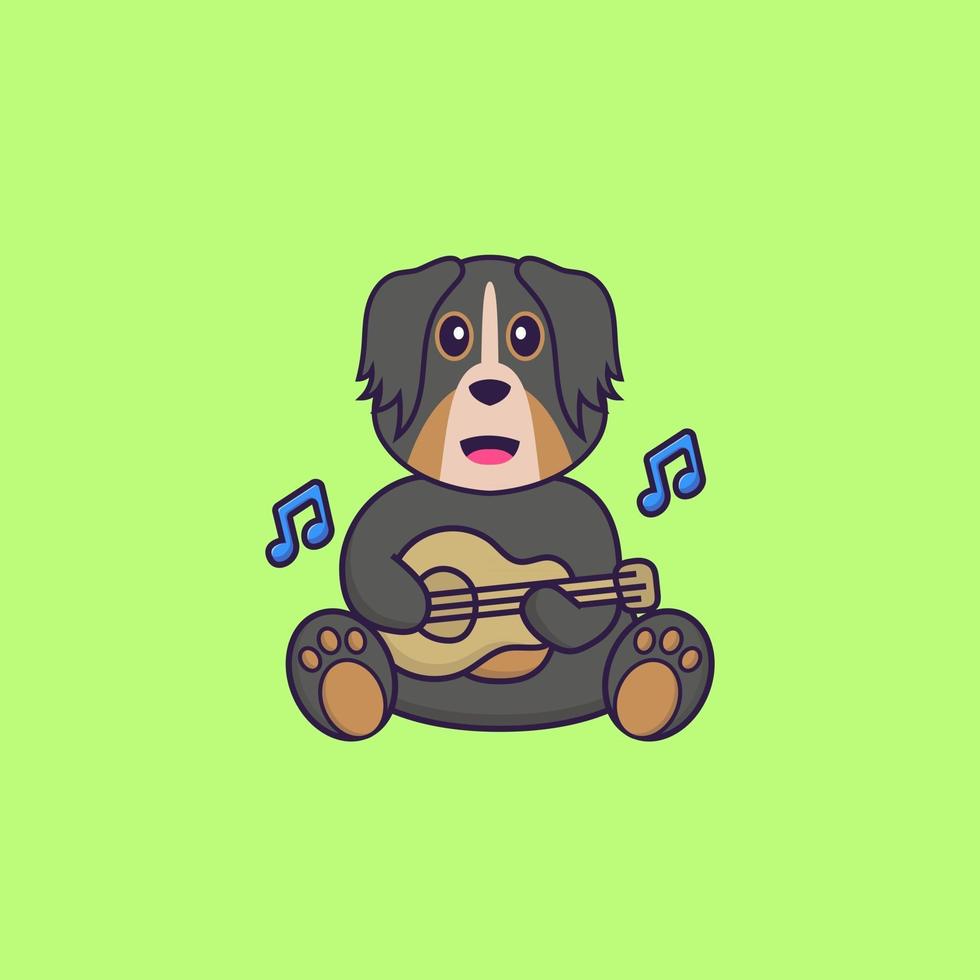 söt hund som spelar gitarr. djur tecknad koncept isolerad. kan användas för t-shirt, gratulationskort, inbjudningskort eller maskot. platt tecknad stil vektor