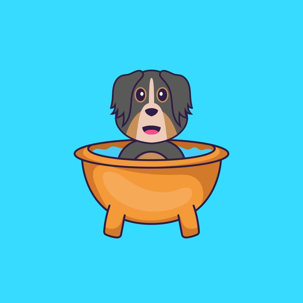 süßer Hund, der ein Bad in der Badewanne nimmt. Tierkarikaturkonzept isoliert. kann für T-Shirt, Grußkarte, Einladungskarte oder Maskottchen verwendet werden. flacher Cartoon-Stil vektor