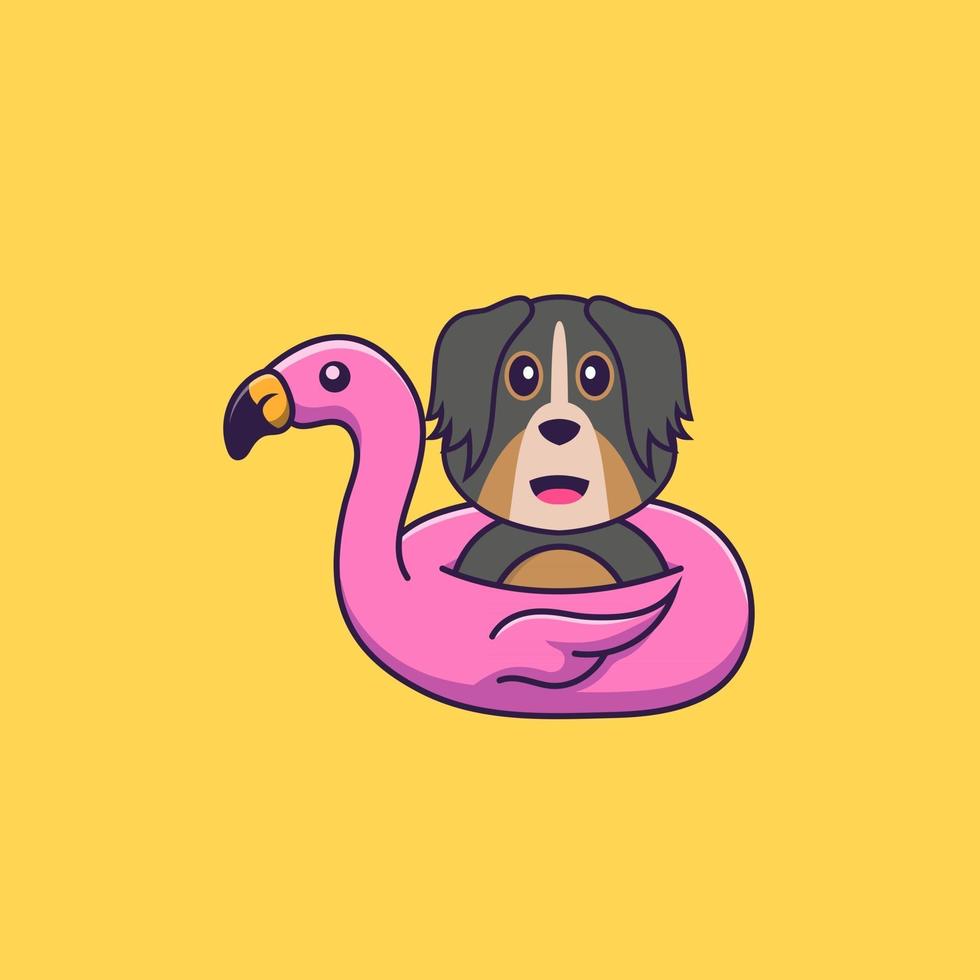 süßer Hund mit Flamingo-Boje. Tierkarikaturkonzept isoliert. kann für T-Shirt, Grußkarte, Einladungskarte oder Maskottchen verwendet werden. flacher Cartoon-Stil vektor