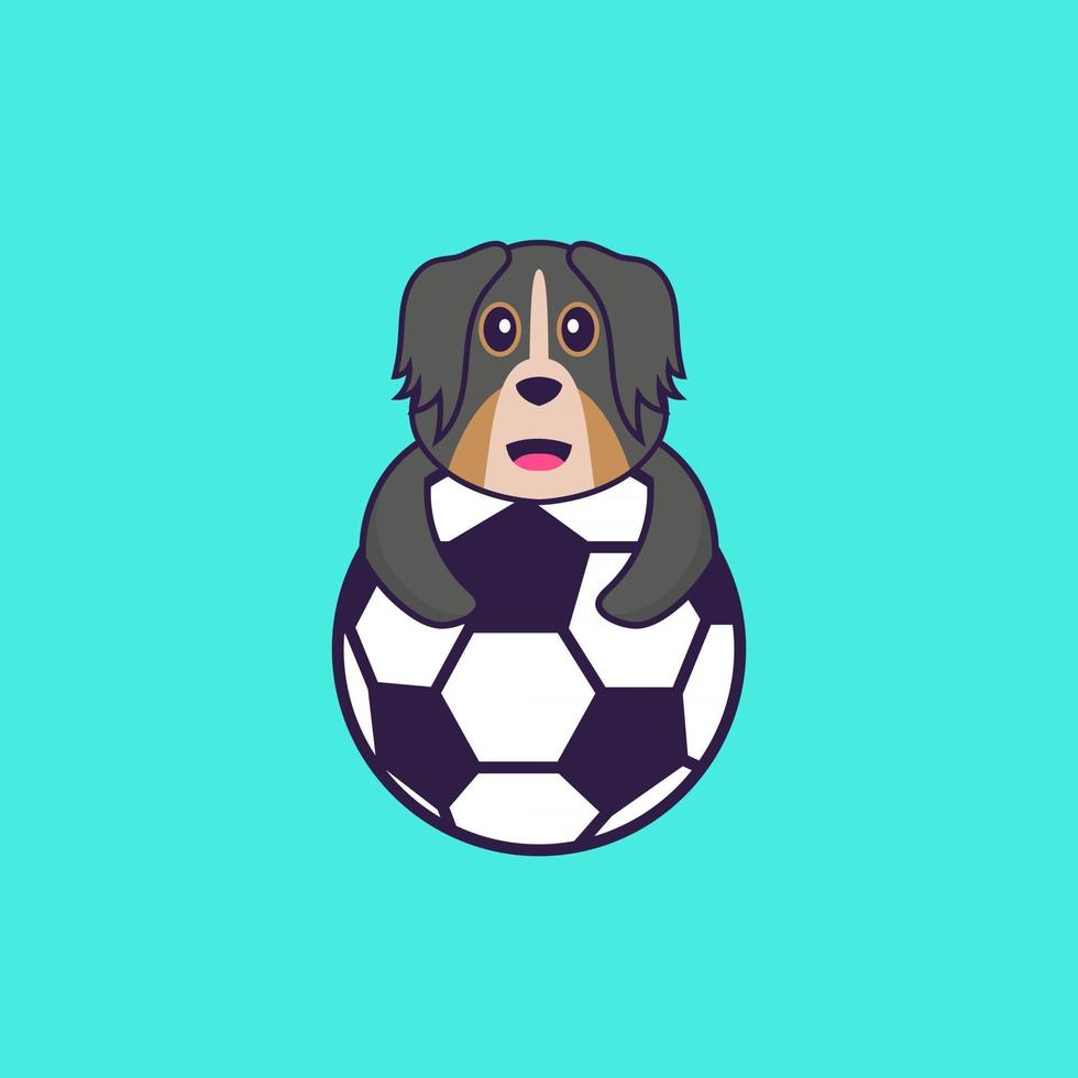 söt hund som spelar fotboll. djur tecknad koncept isolerad. kan användas för t-shirt, gratulationskort, inbjudningskort eller maskot. platt tecknad stil vektor