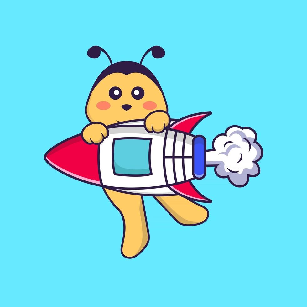söt bi flyger på raket. djur tecknad koncept isolerad. kan användas för t-shirt, gratulationskort, inbjudningskort eller maskot. platt tecknad stil vektor