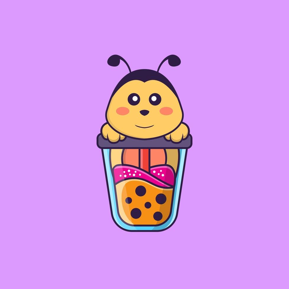 süße Biene, die Boba-Milchtee trinkt. Tierkarikaturkonzept isoliert. kann für T-Shirt, Grußkarte, Einladungskarte oder Maskottchen verwendet werden. flacher Cartoon-Stil vektor