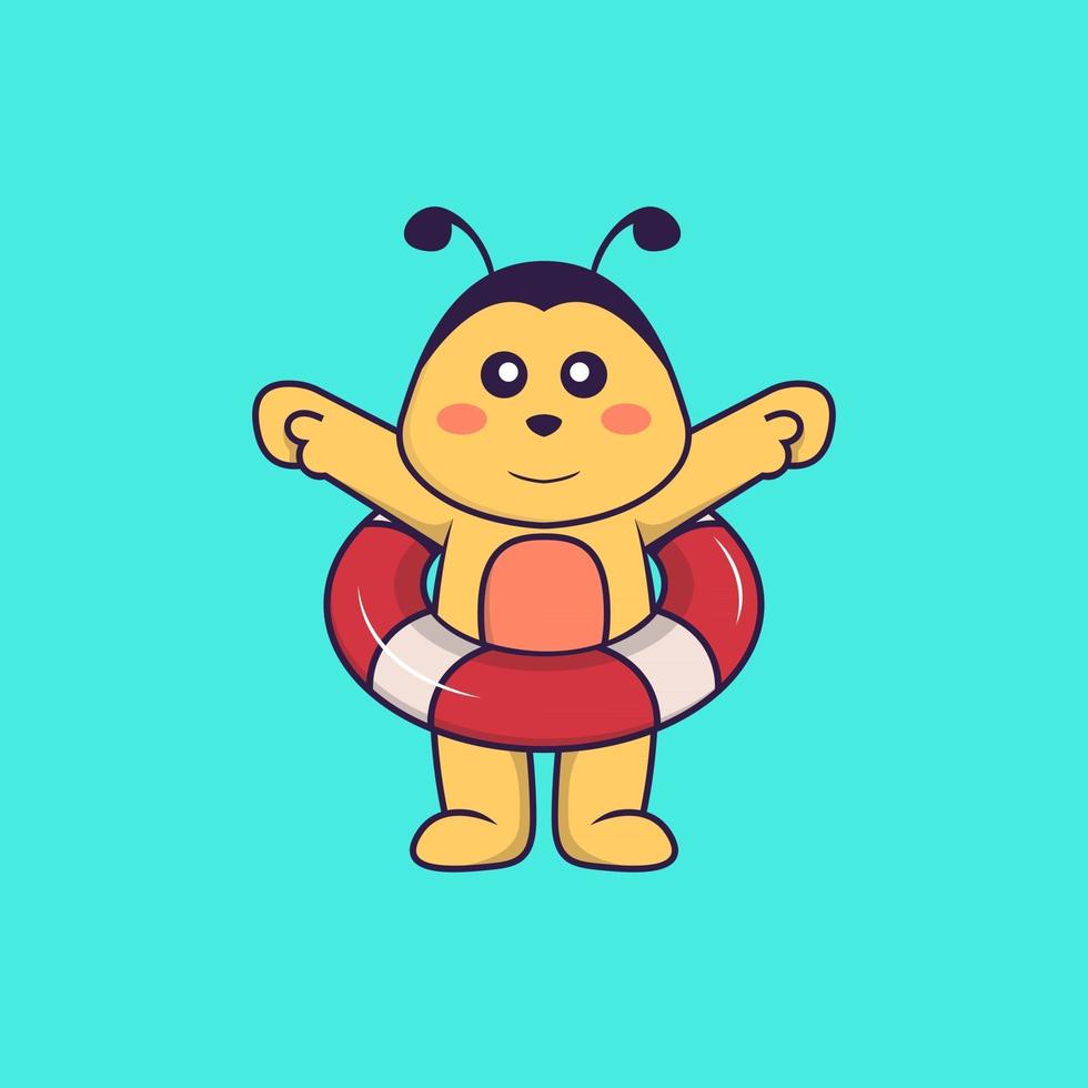 süße Biene mit einem Schwimmer. Tierkarikaturkonzept isoliert. kann für T-Shirt, Grußkarte, Einladungskarte oder Maskottchen verwendet werden. flacher Cartoon-Stil vektor