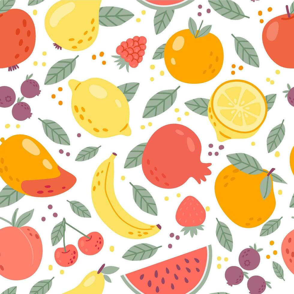 Obst nahtlos Muster. wiederholt Sommer- Früchte und Beeren Hintergrund. drucken mit Zitrone, Apfel, Pfirsich, Banane, Wassermelone, Erdbeere. Vektor Textur