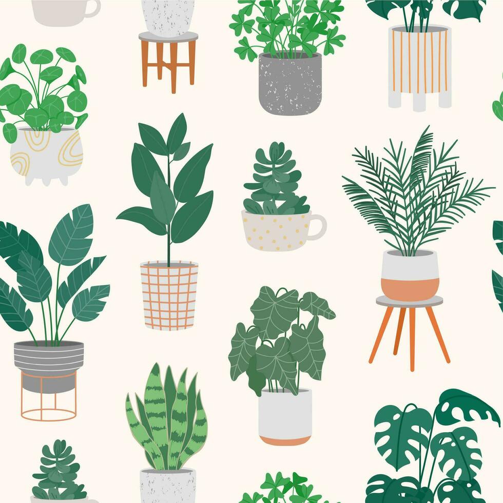 dekorativ krukväxter i kastruller sömlös mönster. grön inlagd inomhus- växt och blomma i interiör textur. Hem djungel tecknad serie stil. vektor bakgrund