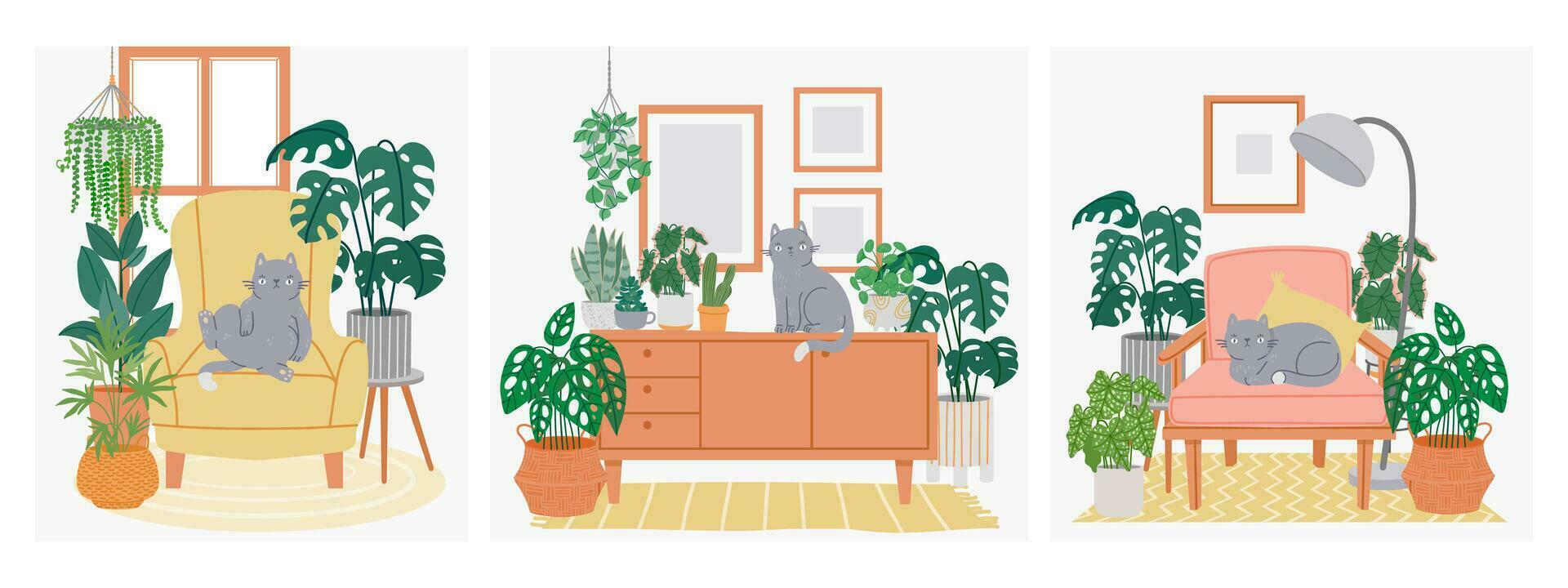 Innere mit Katze und Zimmerpflanzen. Komposition mit gemütlich heim, entspannend Haustier Katzen auf Sessel und Schrank mit Blume und Töpfe. Hygge Zimmer. Vektor Illustration