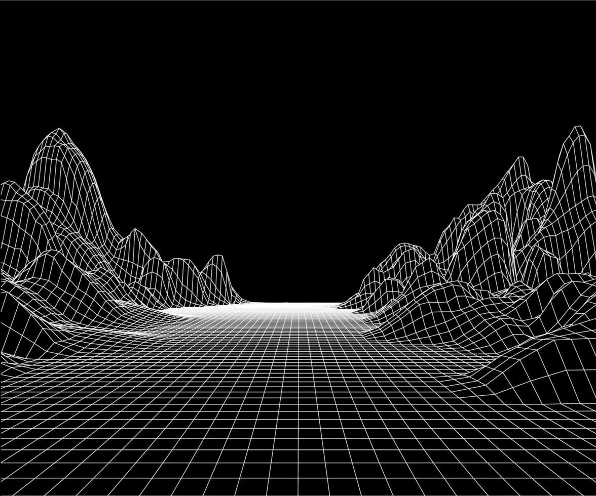 Berge und Straße Netz. 3d Karte Route polygonal Landschaft. futuristisch Raum Drahtmodell mit Berg. Retrowave Hintergrund mit Autobahn. Vektor Hintergrund