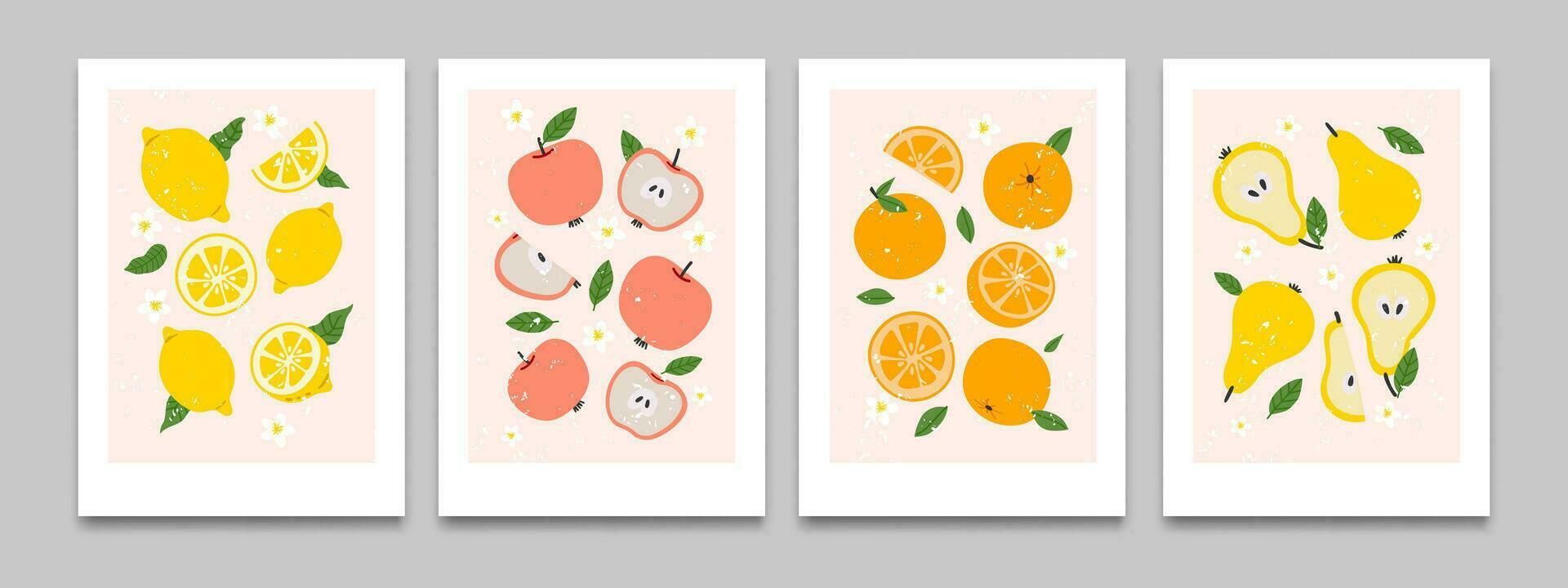 abstrakt platt posters med frukt. tecknad serie affisch med tropisk aptitlig citrus, organisk bär, färsk päron och äpple, svettas persika på bakgrund. vektor uppsättning