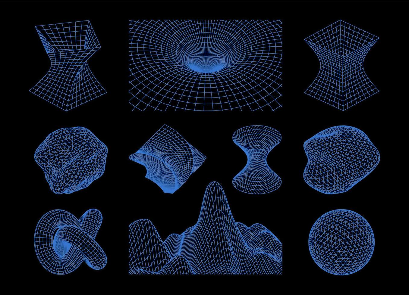 Drahtmodell Formen. 3d geometrisch Gittergewebe abstrakt Elemente. Cyberpunk futuristisch Linie Objekte. retro Dampfwelle Synthwave Vektor einstellen