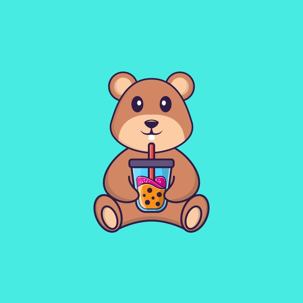 Süßes Eichhörnchen, das Boba-Milchtee trinkt. Tierkarikaturkonzept isoliert. kann für T-Shirt, Grußkarte, Einladungskarte oder Maskottchen verwendet werden. flacher Cartoon-Stil vektor
