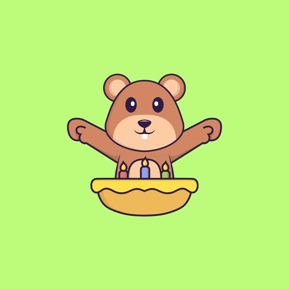 süßes Eichhörnchen mit Geburtstagstorte. Tierkarikaturkonzept isoliert. kann für T-Shirt, Grußkarte, Einladungskarte oder Maskottchen verwendet werden. flacher Cartoon-Stil vektor