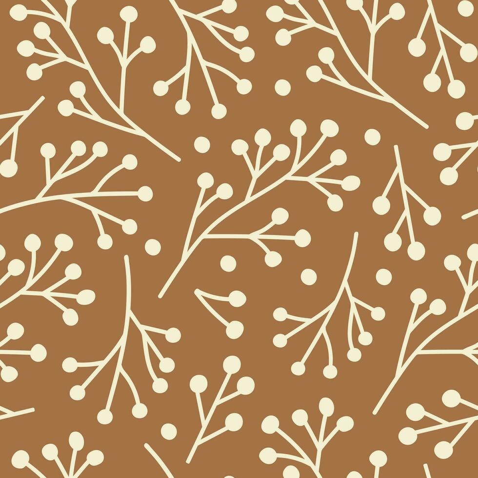 abstrakt sömlös mönster med beige grenar bär på en brun bakgrund. svartvit design för textil, grafik, omslag papper. vektor illustration